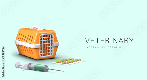 Color concept of veterinarian services. Realistic carrier, syringe, blister with capsules