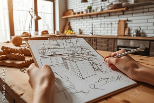 Modern Loft Kitchen Interior Design: Hands Holding Notepad with Architectural Drawing photo