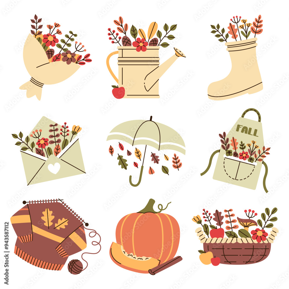 Set of cute autumn stickers. Fall clip art of scrapbooking elements: pumpkin, sweater, wicker basket, watering can, apron, rubber boot, umbrella, bouquet, envelope with fall foliage. Set of cute autumn stickers. Fall clip art of scrapbooking elements: pumpkin, sweater, wicker basket, watering can, apron, rubber boot, umbrella, bouquet, envelope with fall foliage.