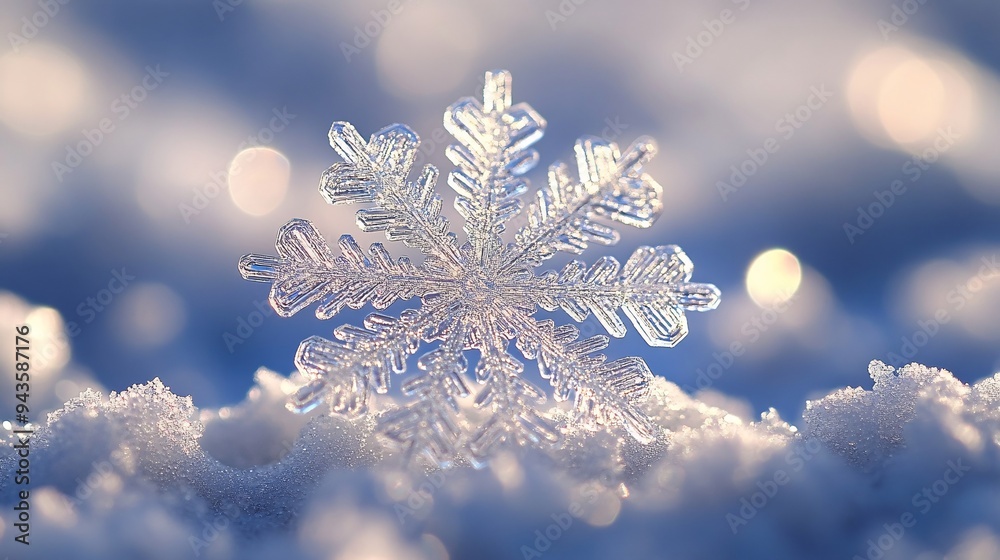 Delicate snowflake resting on a snowy surface, illuminated by soft winter light. Delicate snowflake resting on a snowy surface, illuminated by soft winter light.