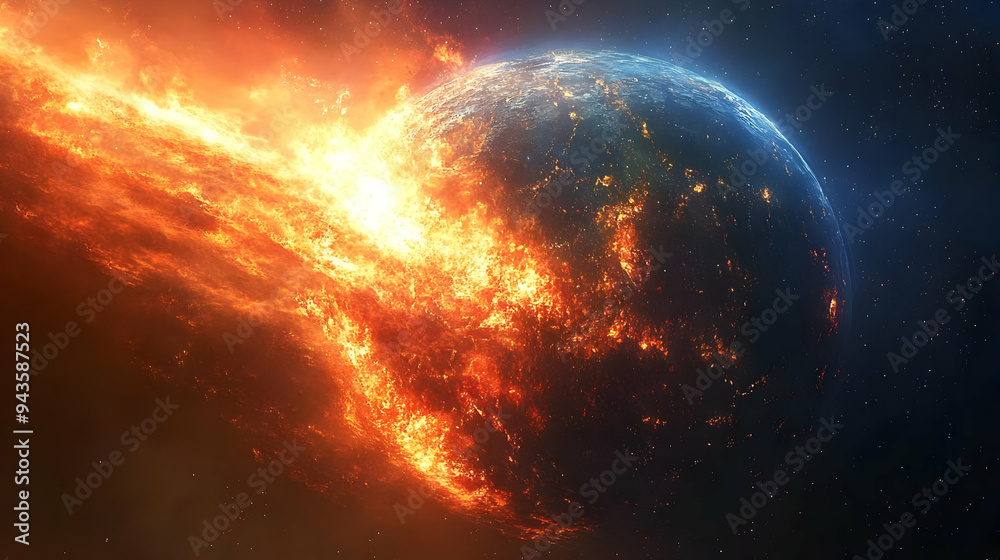 A fiery explosion erupts on a planet in space, engulfing it in flames. A fiery explosion erupts on a planet in space, engulfing it in flames.