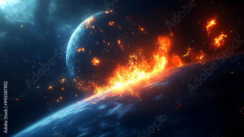 A fiery explosion erupts on a planet's surface, casting an orange glow against the dark, starry background.