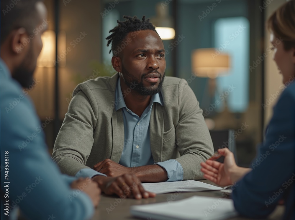 Thoughtful discussion in modern office between diverse group of colleagues during business meeting Thoughtful discussion in modern office between diverse group of colleagues during business meeting