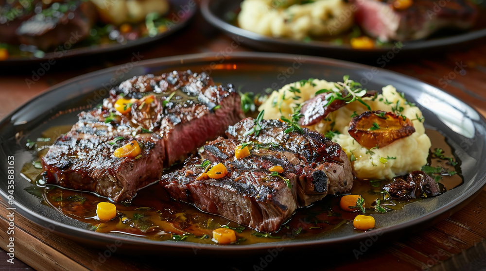 Deliciously grilled steak with a side of fresh salad and mashed potatoes Deliciously grilled steak with a side of fresh salad and mashed potatoes