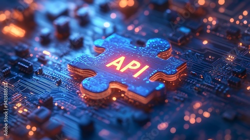 Vibrant API Puzzle Piece on a Modern Circuit Board with Glowing Components