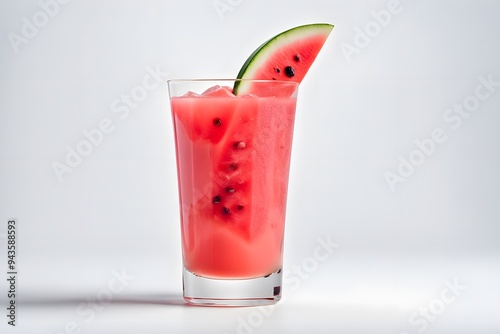 A refreshing glass of watermelon juice with a watermelon wedge on the rim on a white background, Ai Generated