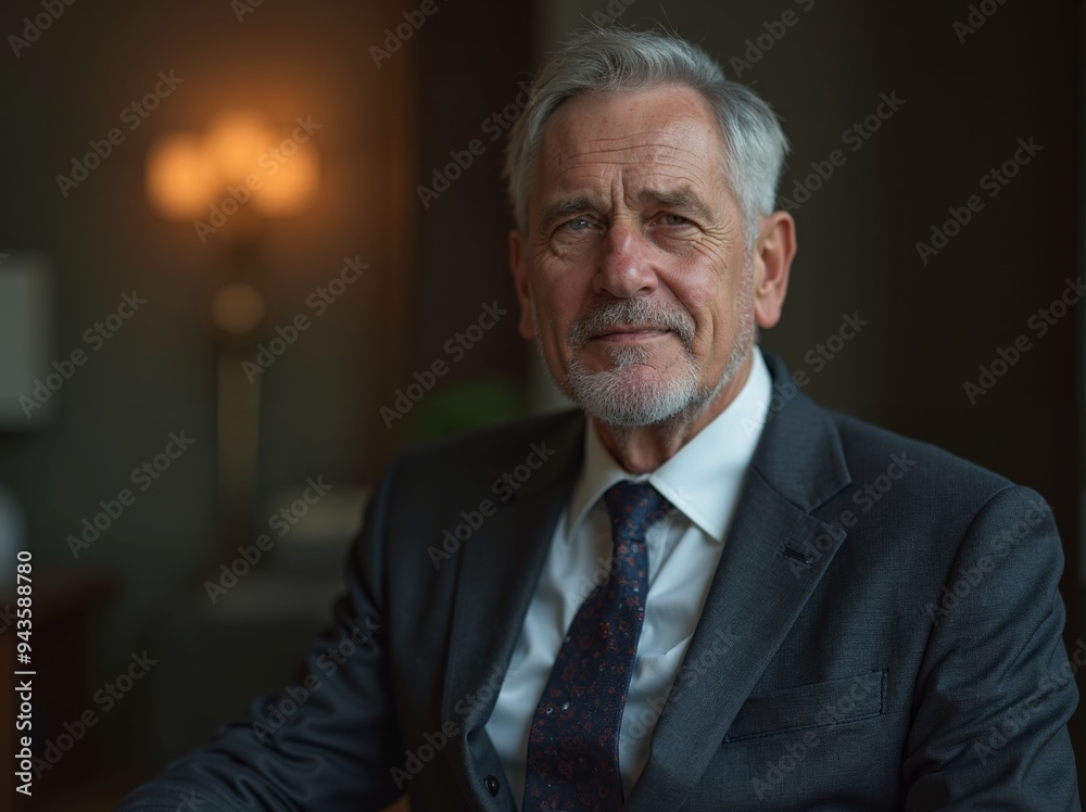 Distinguished gentleman in tailored suit exudes confidence in warmly lit, elegant room during formal evening Distinguished gentleman in tailored suit exudes confidence in warmly lit, elegant room during formal evening