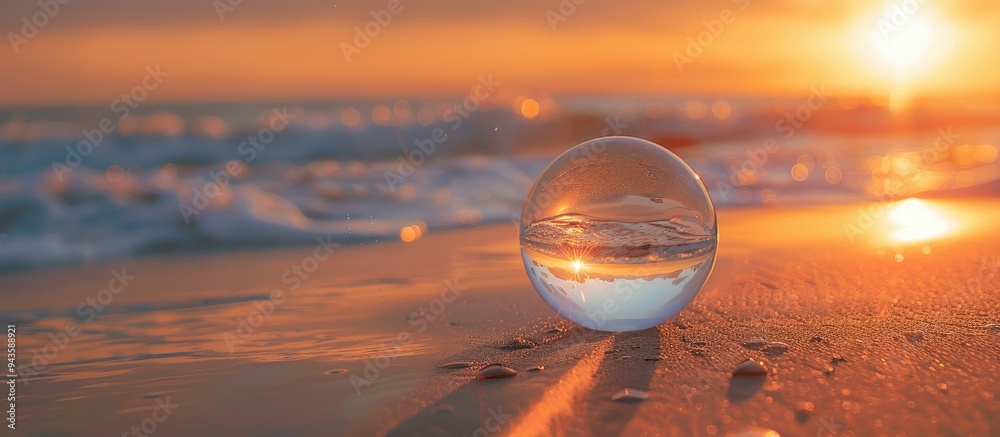 A glass ball on the sandy beach reflects the sea sunset providing a serene copy space image A glass ball on the sandy beach reflects the sea sunset providing a serene copy space image