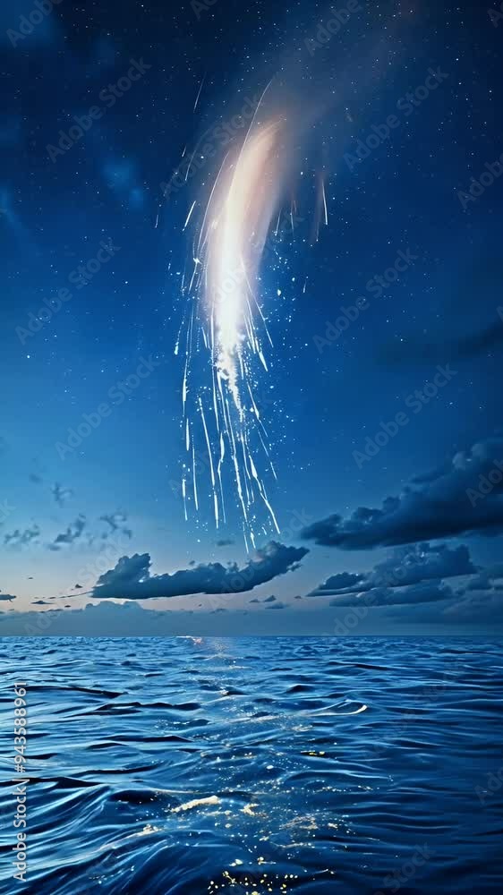 A surreal scene of a luminous object descending into the ocean under a starry sky. A surreal scene of a luminous object descending into the ocean under a starry sky.
