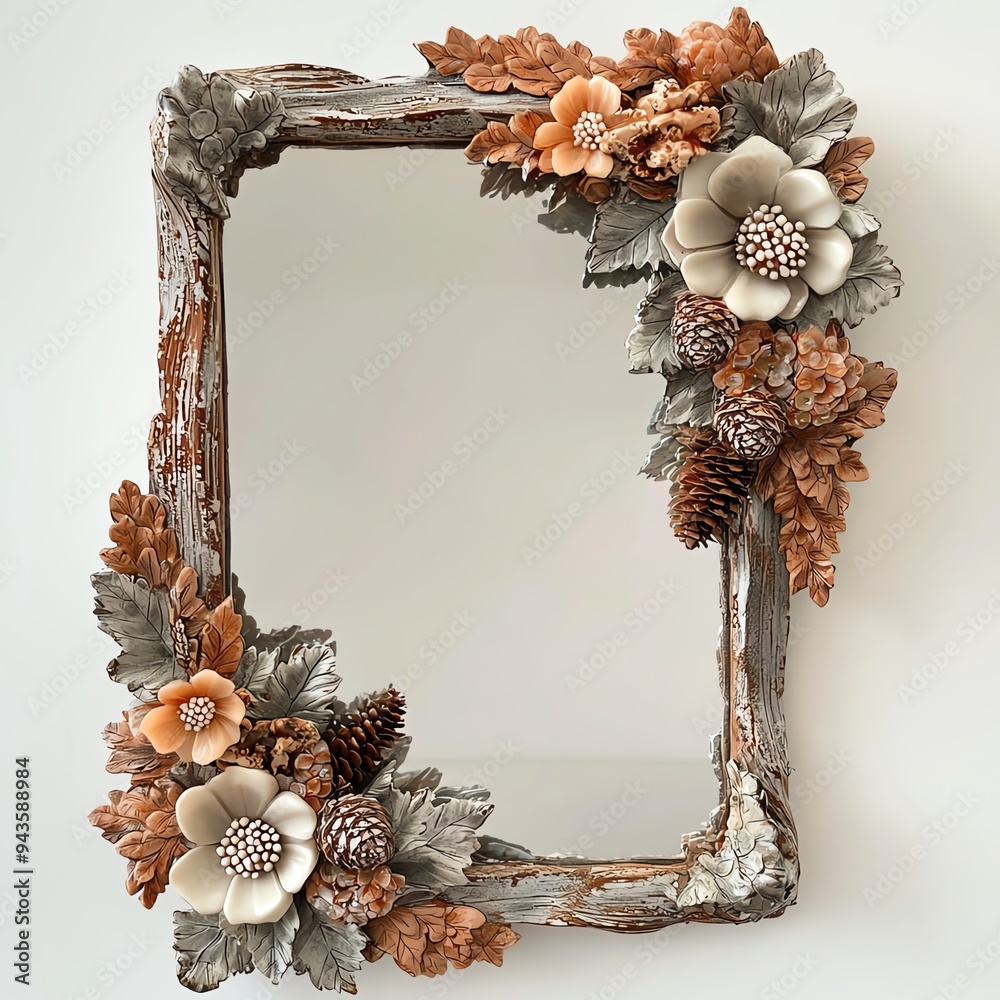 Obraz premium Elegant floral wooden mirror frame adorned with natural elements, perfect for home decor and enhancing interior aesthetics.