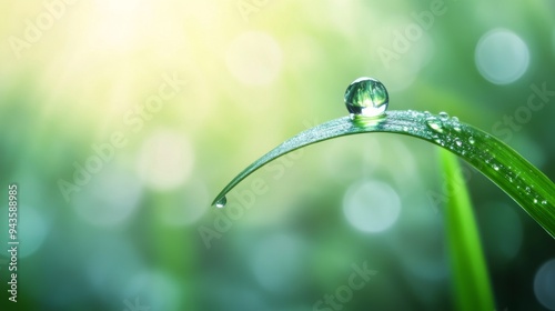 A close-up of a single water droplet clinging to the tip of a green leaf, with a blurred natural background, capturing the delicate beauty of nature.