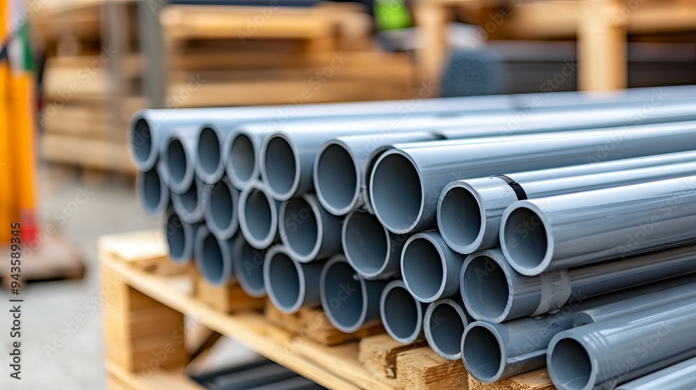 Close-up of PVC plumbing pipes stacked on wooden pallets at a city street infrastructure construction site for automatic watering system replacement. Close-up of PVC plumbing pipes stacked on wooden pallets at a city street infrastructure construction site for automatic watering system replacement.