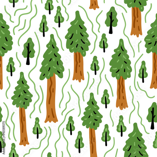 Bright forest funny cartoon vector seamless pattern. Nature cheerful children trees background. For children textiles, hand-drawn for babies. Northern spring forest