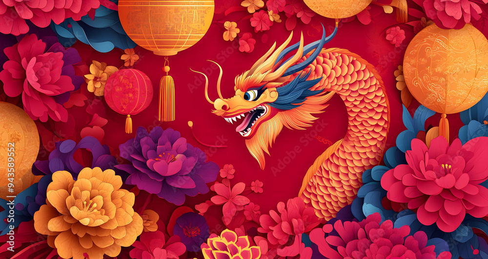 Chinese New Year Background with Dragon Lantern and Flowing Red Silk, Symbolizing Prosperity, Joy, and Cultural Richness, Capturing the Festive Spirit of the Lunar New Year, Perfect for Illustrating T Chinese New Year Background with Dragon Lantern and Flowing Red Silk, Symbolizing Prosperity, Joy, and Cultural Richness, Capturing the Festive Spirit of the Lunar New Year, Perfect for Illustrating T