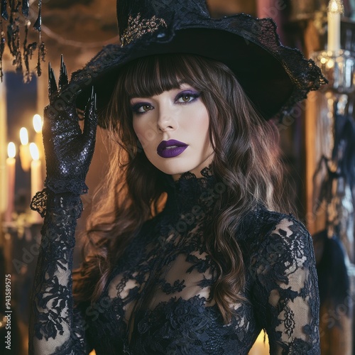 Stylish witch with dark makeup in Halloween decor