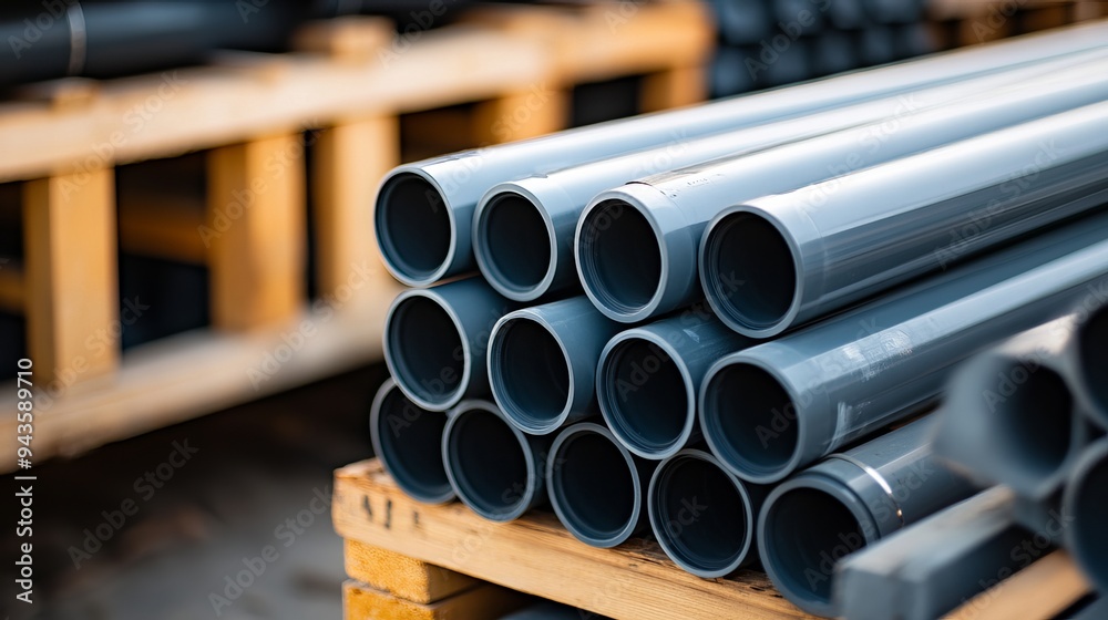 Close-up of PVC plumbing pipes stacked on wooden pallets at a city street infrastructure construction site for automatic watering system replacement. 
