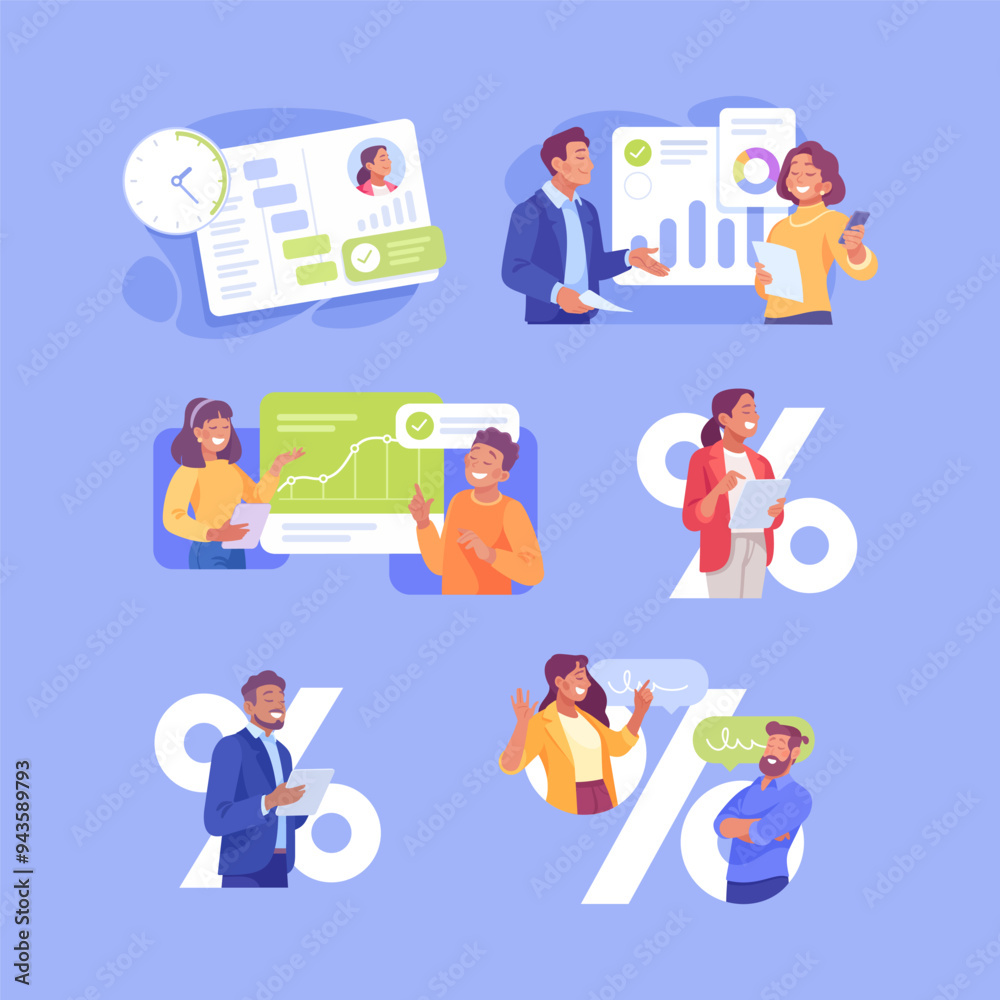 Business Process with Man and Woman Busy with Analytics Vector Set Business Process with Man and Woman Busy with Analytics Vector Set