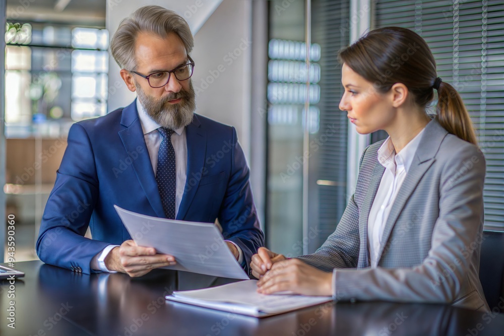 Fototapeta premium Business Contracts Review in Legal Office A detailed review of legal documents and business contracts by a lawyer.