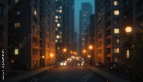 Blurred quiet evening in city with illuminated buildings and soft streetlights casting warm glow with orange particles