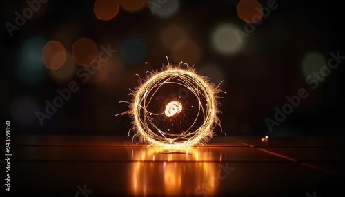 Enchanting light circle with golden sparkles shimmers on dark surface, livening the atmosphere with vibrant energy photo