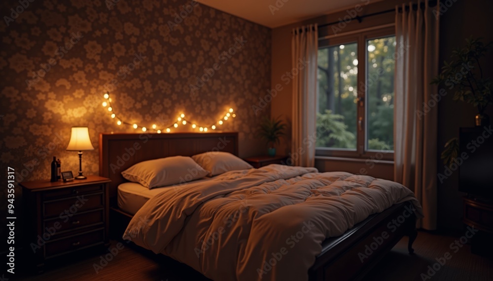 Cozy bedroom with warm lighting creating a serene atmosphere during twilight hours