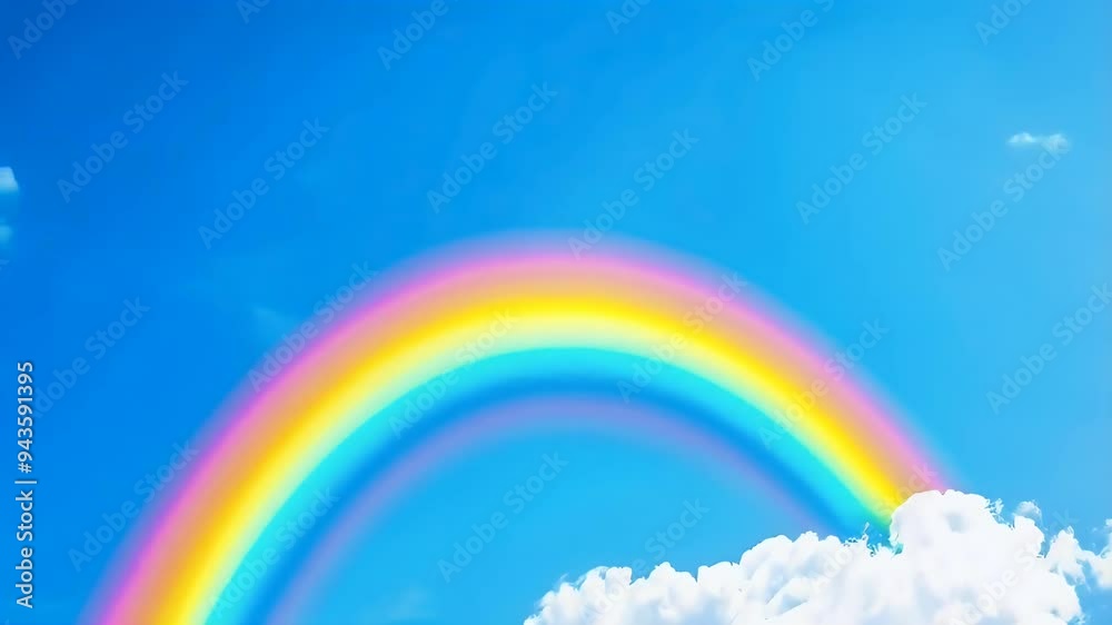 A vibrant rainbow arcs across a bright blue sky with fluffy white clouds below. A vibrant rainbow arcs across a bright blue sky with fluffy white clouds below.