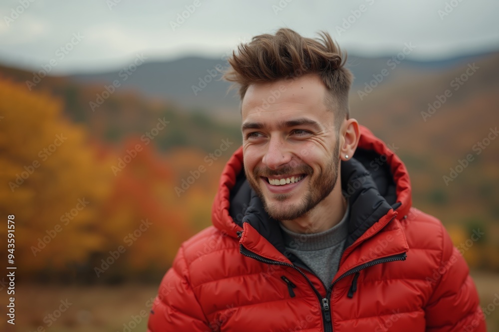 Cheerful caucasian man enjoys crisp autumn air, surrounded by colorful foliage in stunning mountainous backdrop Cheerful caucasian man enjoys crisp autumn air, surrounded by colorful foliage in stunning mountainous backdrop