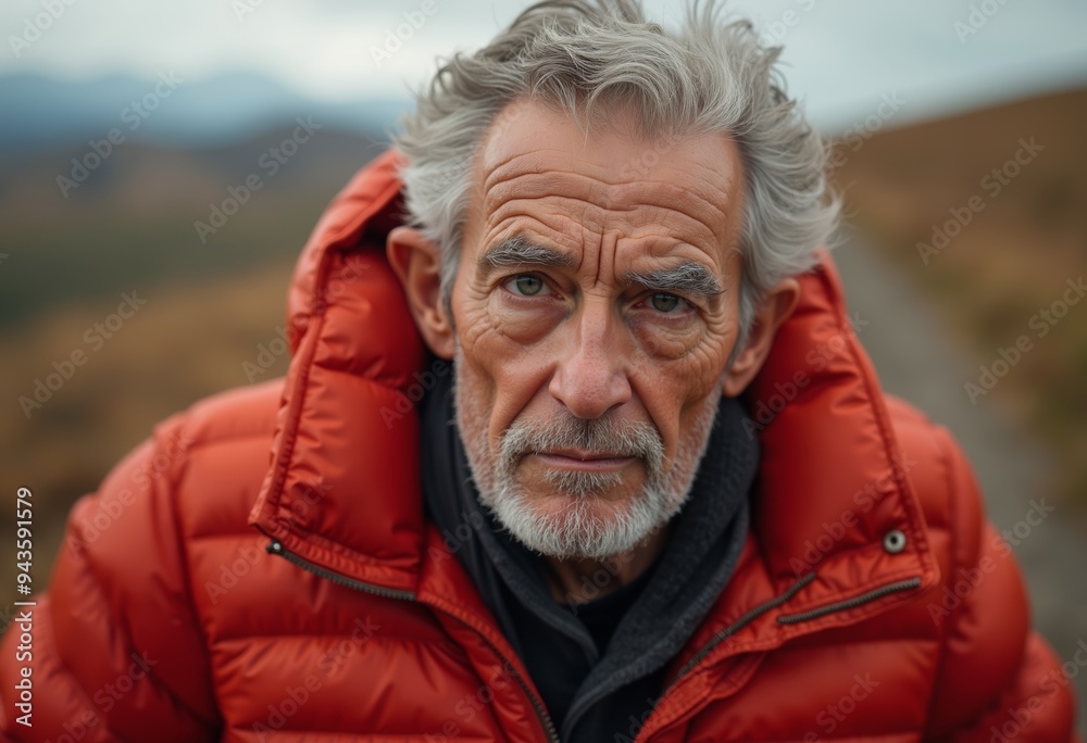 Weathered skin man gazes intensely into distance, surrounded by serene autumn mountains Weathered skin man gazes intensely into distance, surrounded by serene autumn mountains