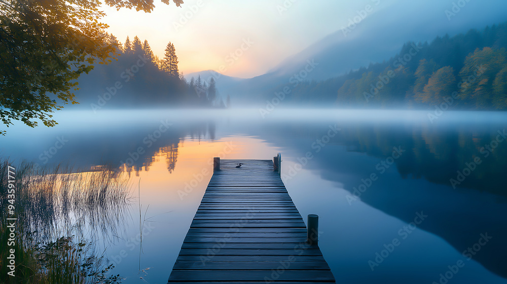 Tranquil, misty lake, surrounded by mountains, serene, high quality, photorealistic, reflection, peaceful, morning fog, autumn colors Tranquil, misty lake, surrounded by mountains, serene, high quality, photorealistic, reflection, peaceful, morning fog, autumn colors