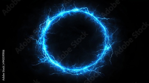 Electric blue thunderbolt in a circle frame on a black background. 3D vector illustration of a lightning storm effect. Perfect for use as a border.  photo