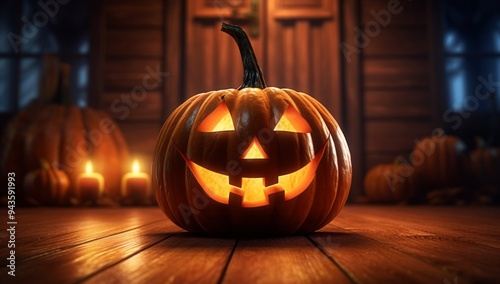 Spooky Halloween Jack-O-Lantern On Porch photo