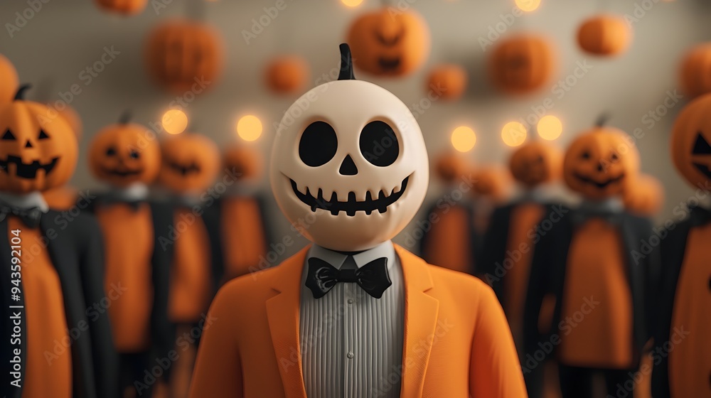 Lively Halloween Party with Guests in Animated Costumes,3D with Selective Focus