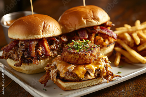 Wallpaper Mural Three Gourmet Sliders with Cheese, Pulled Pork, and Crab Cake Served with Fries Torontodigital.ca