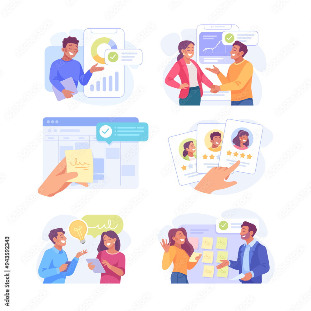 Business Process with Man and Woman Busy with Analytics Vector Set Business Process with Man and Woman Busy with Analytics Vector Set