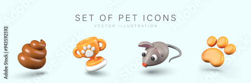 Set of pet icons in 3D cartoon style. Poop, golden cup, funny mouse, yellow paw print