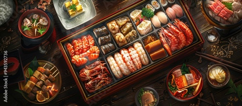 Japanese New Year Osechi meal arranged in a traditional style with copy space image
