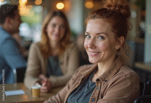 Cheerful woman enjoying coffee with friends in cozy cafe during sunny afternoon