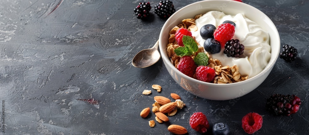 A delicious bowl of granola with berries almonds and yogurt on a textured gray table in a flat lay composition with copy space image A delicious bowl of granola with berries almonds and yogurt on a textured gray table in a flat lay composition with copy space image