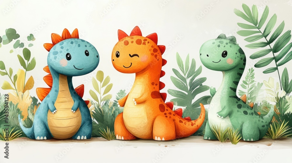 Oil-painted pattern of cute dinosaurs and palm trees Oil-painted pattern of cute dinosaurs and palm trees