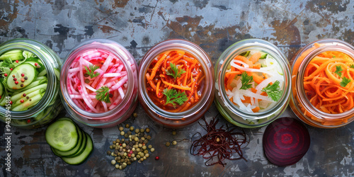 A variety of colorful pickled vegetables in glass jars beautifully displayed on a table with fresh herbs and spices, showcasing vibrant flavors and healthy food preparation.