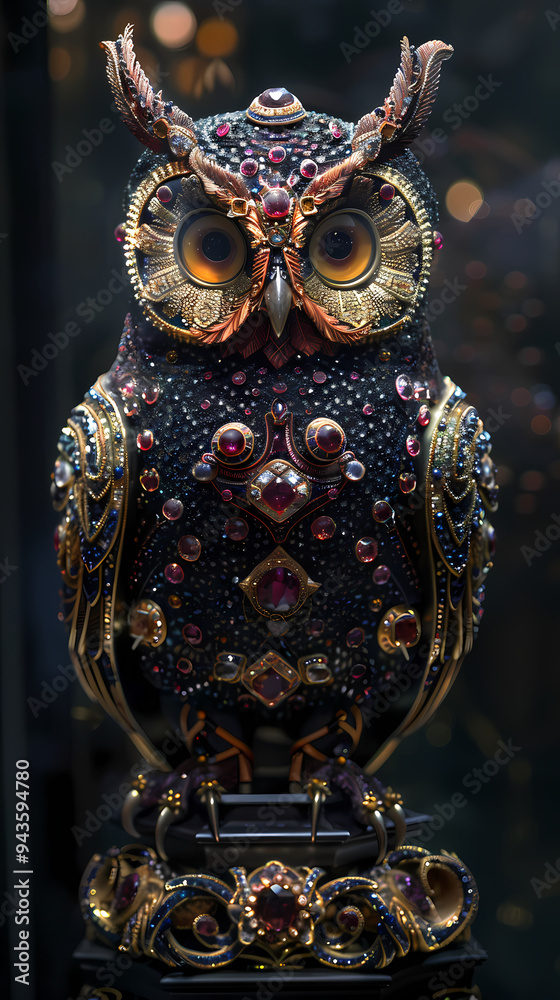 Fototapeta premium Luxurious Owl with an open tail, full face, jewelry