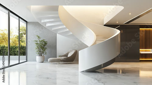 A modern spiral staircase inside a building, showcasing a luxurious interior. It serves as both a functional and stylish element, symbolizing connectivity in a home. photo