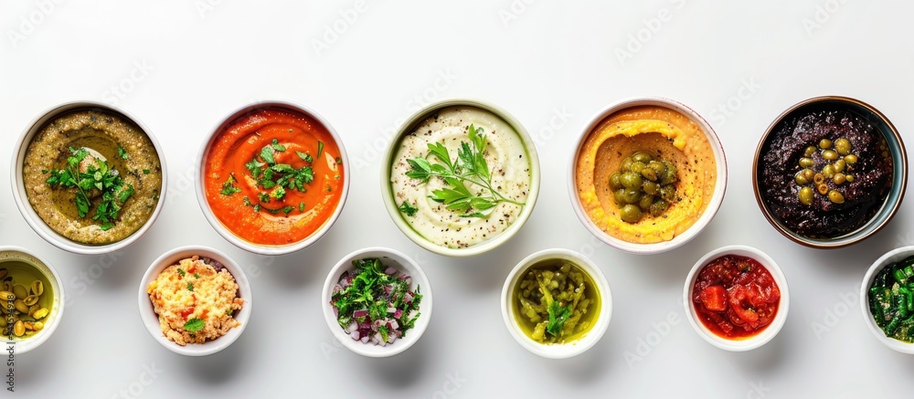 Several bowls with various dips lined up neatly against a white background with room for copy space image Several bowls with various dips lined up neatly against a white background with room for copy space image