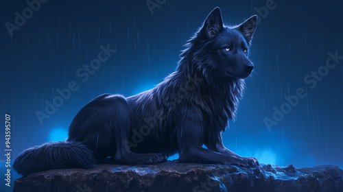 A black wolf sits majestically on a rocky ledge, illuminated by the moonlight photo