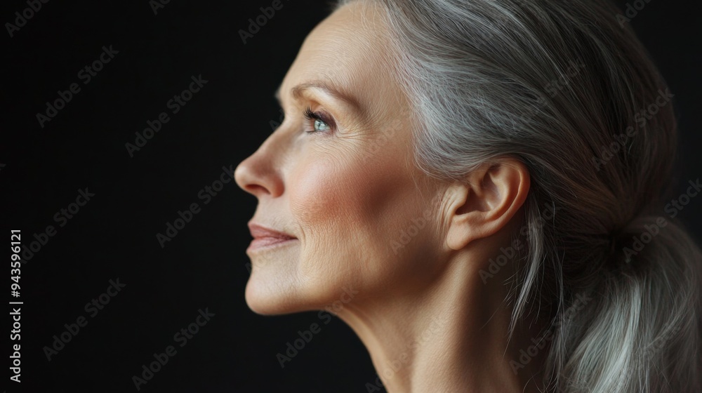 A side profile of a 50-year-old woman with healthy, glowing skin, softly lit to emphasize her natural beauty and the grace that comes with age. A side profile of a 50-year-old woman with healthy, glowing skin, softly lit to emphasize her natural beauty and the grace that comes with age.