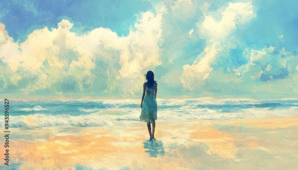 Stunning anime style digital painting of a woman blissfully relaxing on a tranquil beach scene