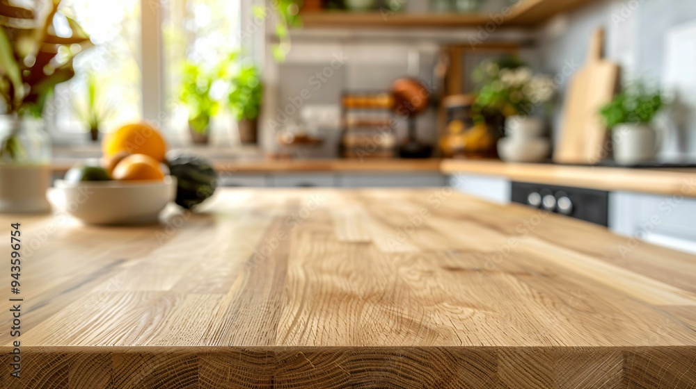 Plan de travail en bois, arrière plan cuisine flou, , pour intégration produits, ou décor graphique, style mockup Plan de travail en bois, arrière plan cuisine flou, , pour intégration produits, ou décor graphique, style mockup