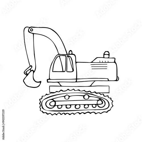 Hand drawn vector illustration in cartoon style. Linear drawing of a crawler excavator with a bucket on a white background.