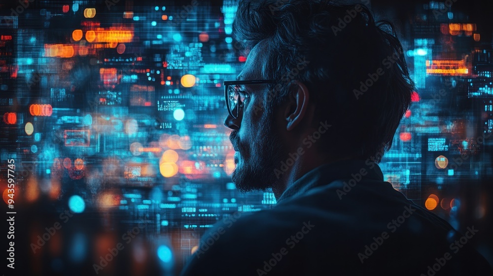 Rear view of a figure facing futuristic data visuals Rear view of a figure facing futuristic data visuals