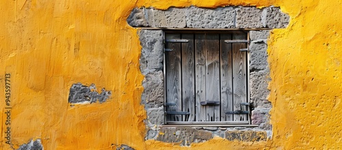 Stone house in a historic Gran Canaria village featuring a window with closed wooden shutters set in a stone frame against a yellow wall creating a picturesque copy space image of European urban arch
